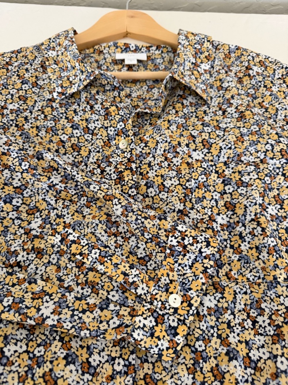 J. Jill womans Floral Button-Down Shirt in Mustard and navy- front  pocket . - Picture 5 of 9